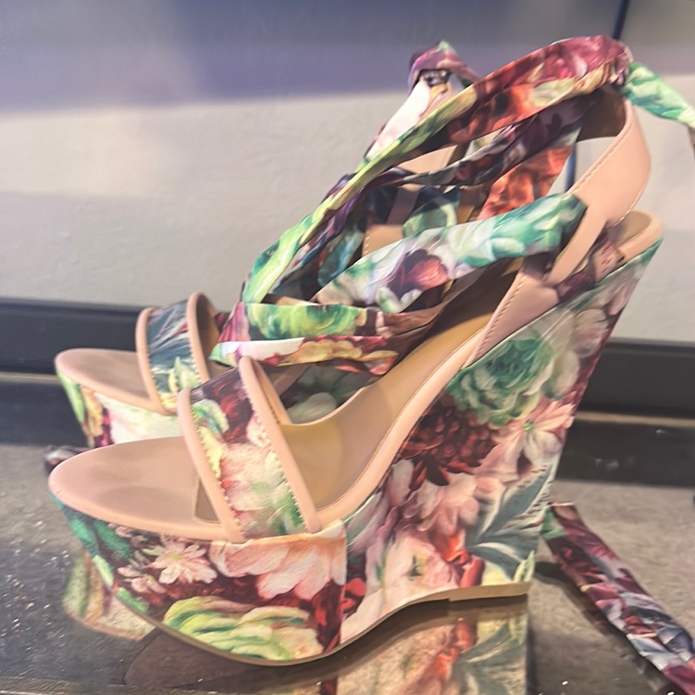 Floral Wedge Heels, Ankle Tie - Never Worn